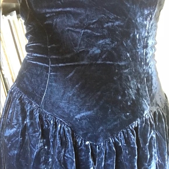 Vintage Crushed Blue Velvet Maxi Dress Gown XS - Picture 5 of 12